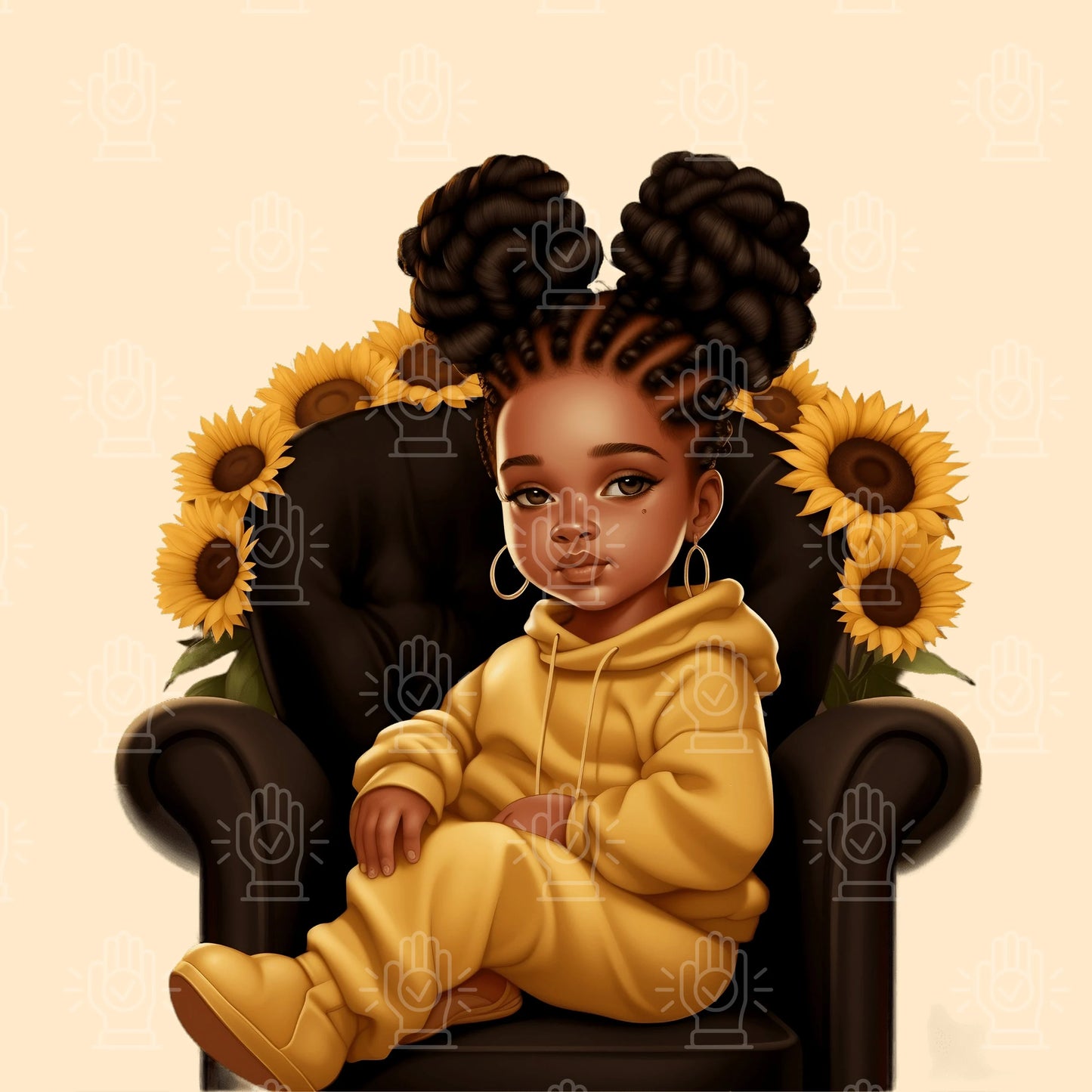 Little Sunflower Black Girl in Throne Chair Clipart, 4 PNG