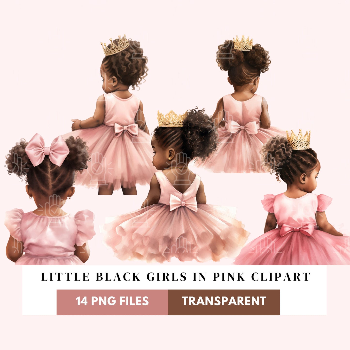 Watercolor Black Baby With Tutu Clipart, 14 PNG, Backview Ballerina Illustration, Little Girl Princess Pink Dress Shower