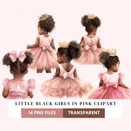 Watercolor Black Baby With Tutu Clipart, 14 PNG, Backview Ballerina Illustration, Little Girl Princess Pink Dress Shower