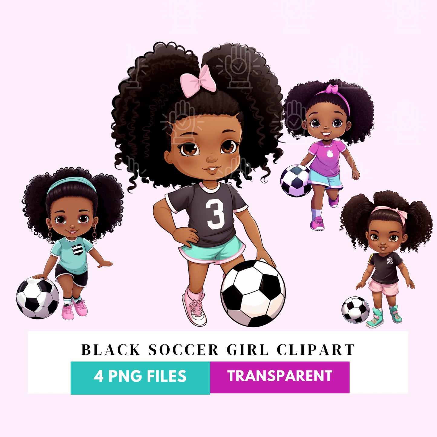 Black Soccer Player Girl Clipart, 4 PNG, Children's Illustration Cartoon, Little African-American Kid, Sports Ball Team Theme, Cute Afro