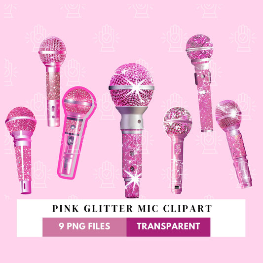 Pink Microphone Clipart, 9 PNG, Hot Pink & Silver Glitter Mic, Illustration for Girl, Child Singer, Little Kid Performing Arts, Choir Decor