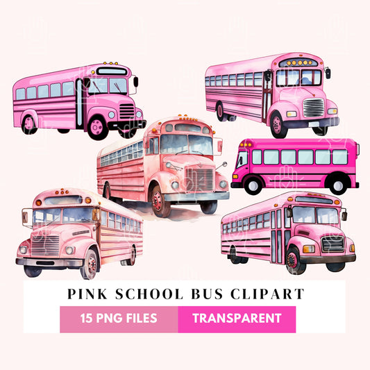Pink School Bus Watercolor Clipart, 9 PNG