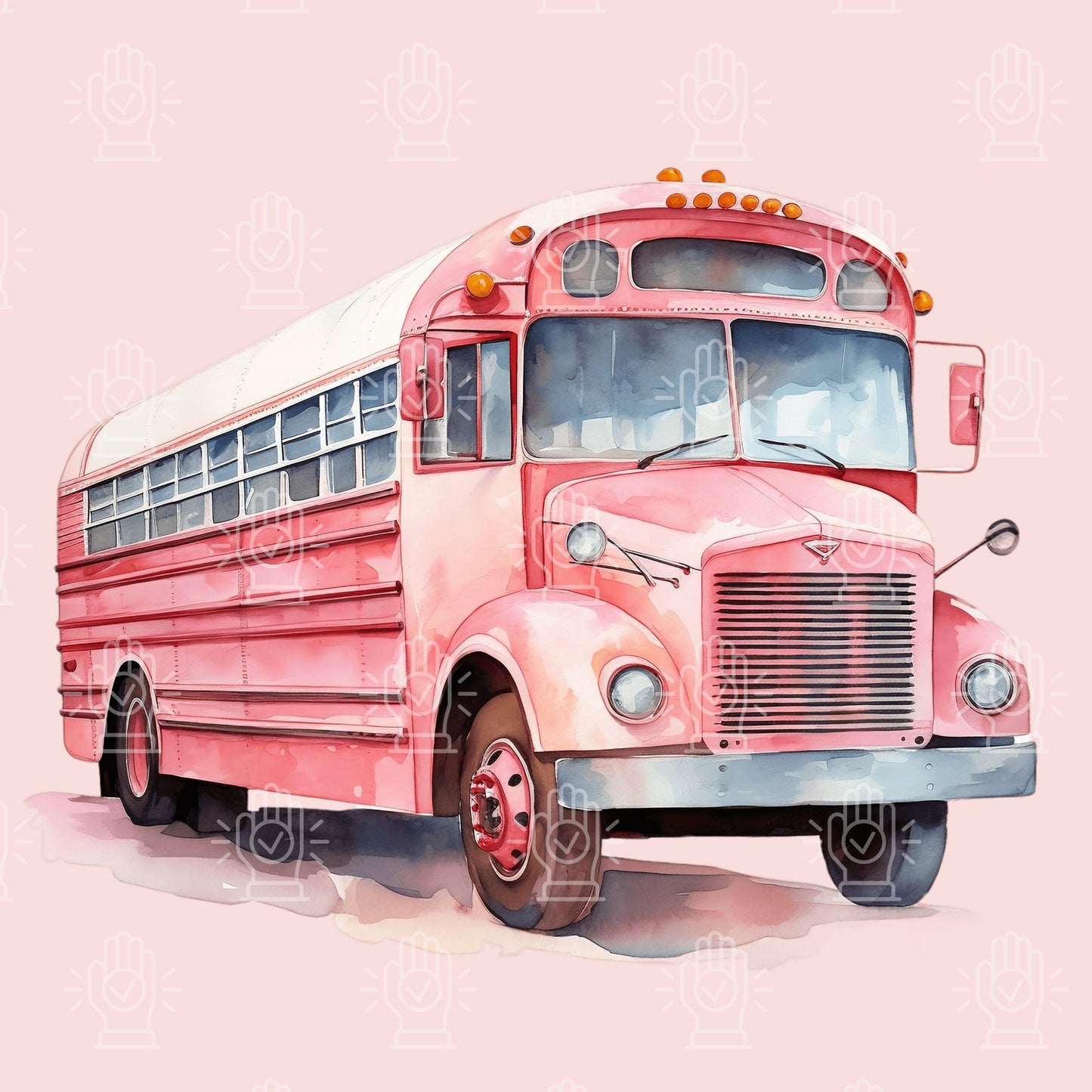 Pink School Bus Watercolor Clipart, 9 PNG
