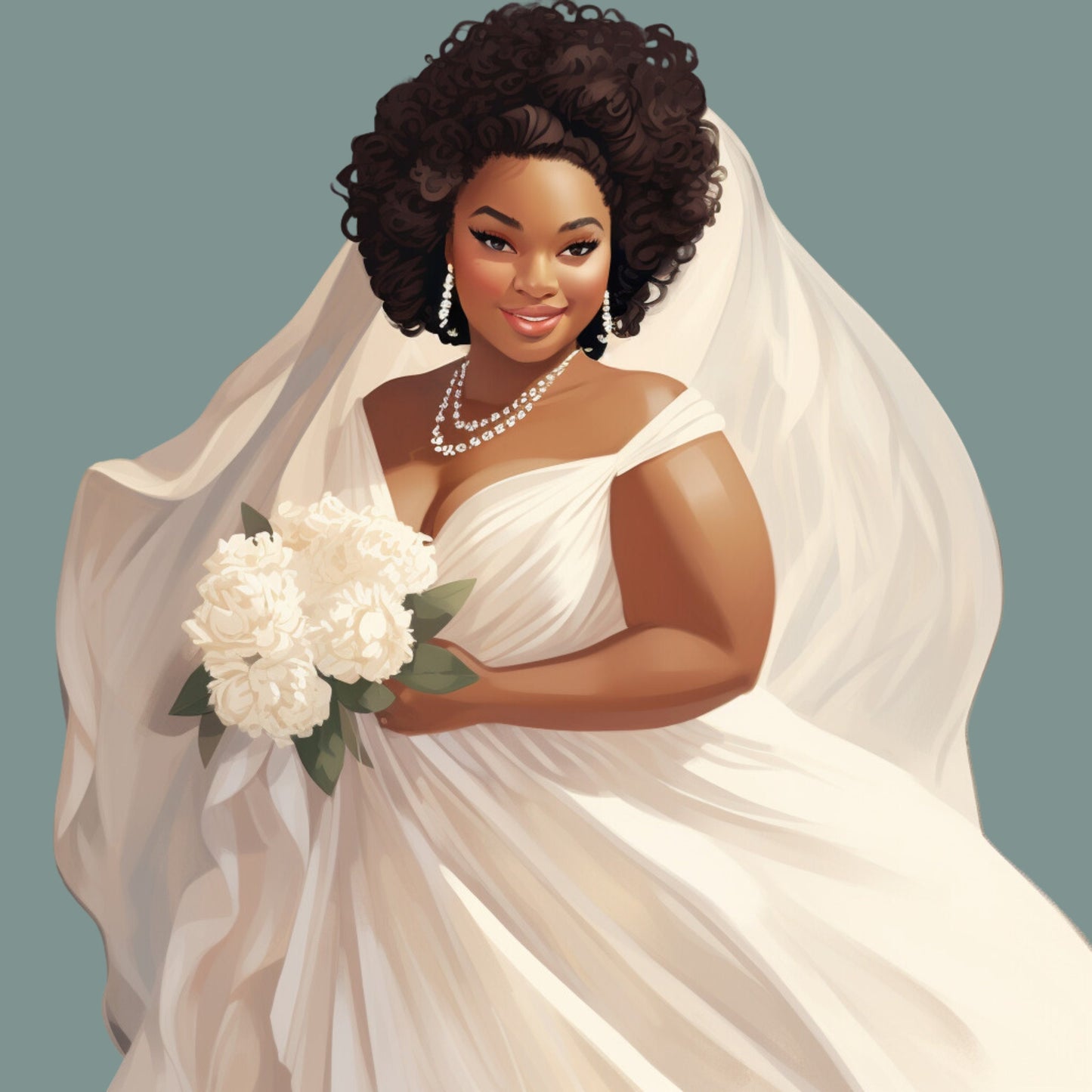 Black Plus Size Bride Clipart, Curvy Woman, 12 PNG, Wedding Dress Illustration, Ladies White Veil, Thick Queen Cartoon Engagement Party Gift