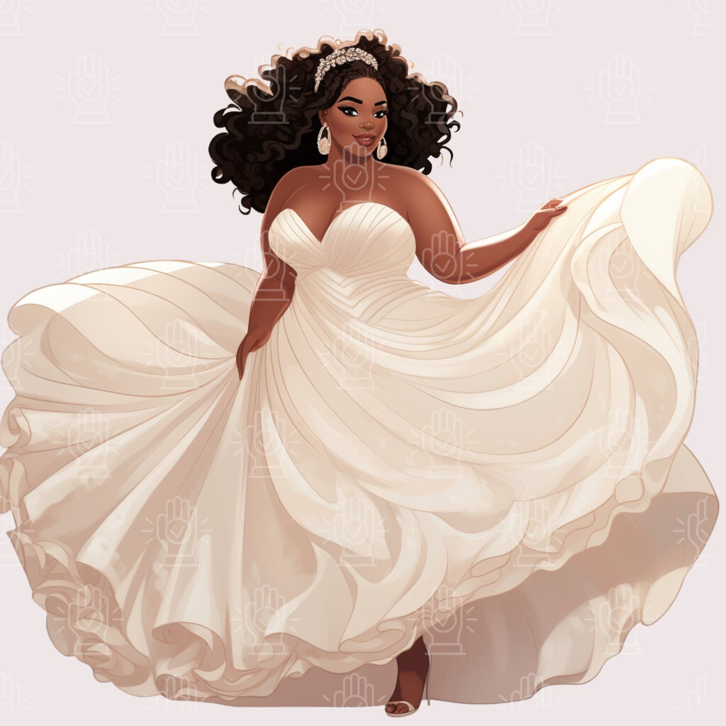 Black Plus Size Bride Clipart, Curvy Woman, 12 PNG, Wedding Dress Illustration, Ladies White Veil, Thick Queen Cartoon Engagement Party Gift