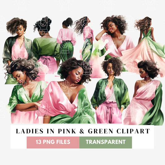 Black Women in Pink & Green Clipart, 13 PNG, Beautiful African American Sorority Ladies, D9 Watercolor Art