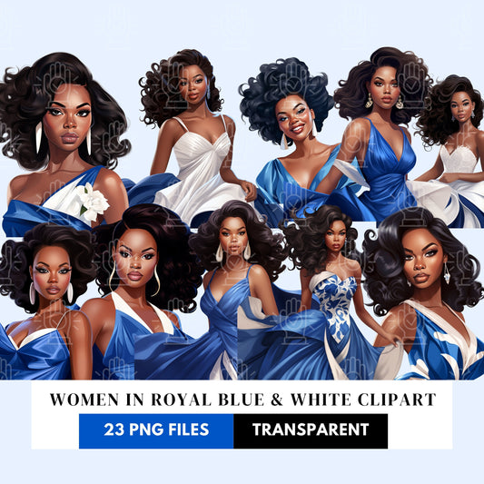 Black Women in Royal Blue and White, Sorority Women Clipart, 23 PNG, Sweet Soror illustration, D9, Homecoming, Chapter Flyer