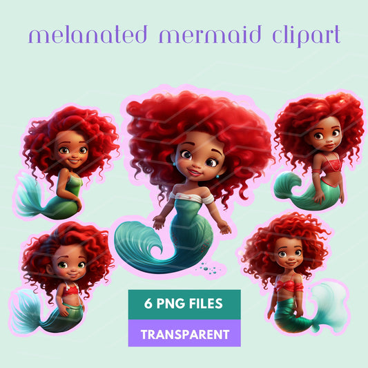 Black Little Baby Mermaid Clipart,  6 PNG, Red Hair Afro Girls,, Kids Birthday Image, Toddler Mermaid, Ariel Pool Party, Beach, Swimming