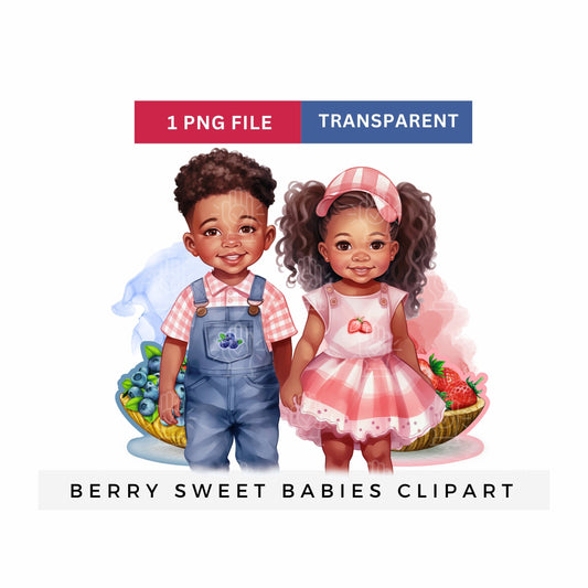 Berry Sweet Kids Gender Reveal Clipart, Black Baby Shower, Little Boy and Girl, Blueberry or Strawberry Theme, Watercolor, Twins, Overalls