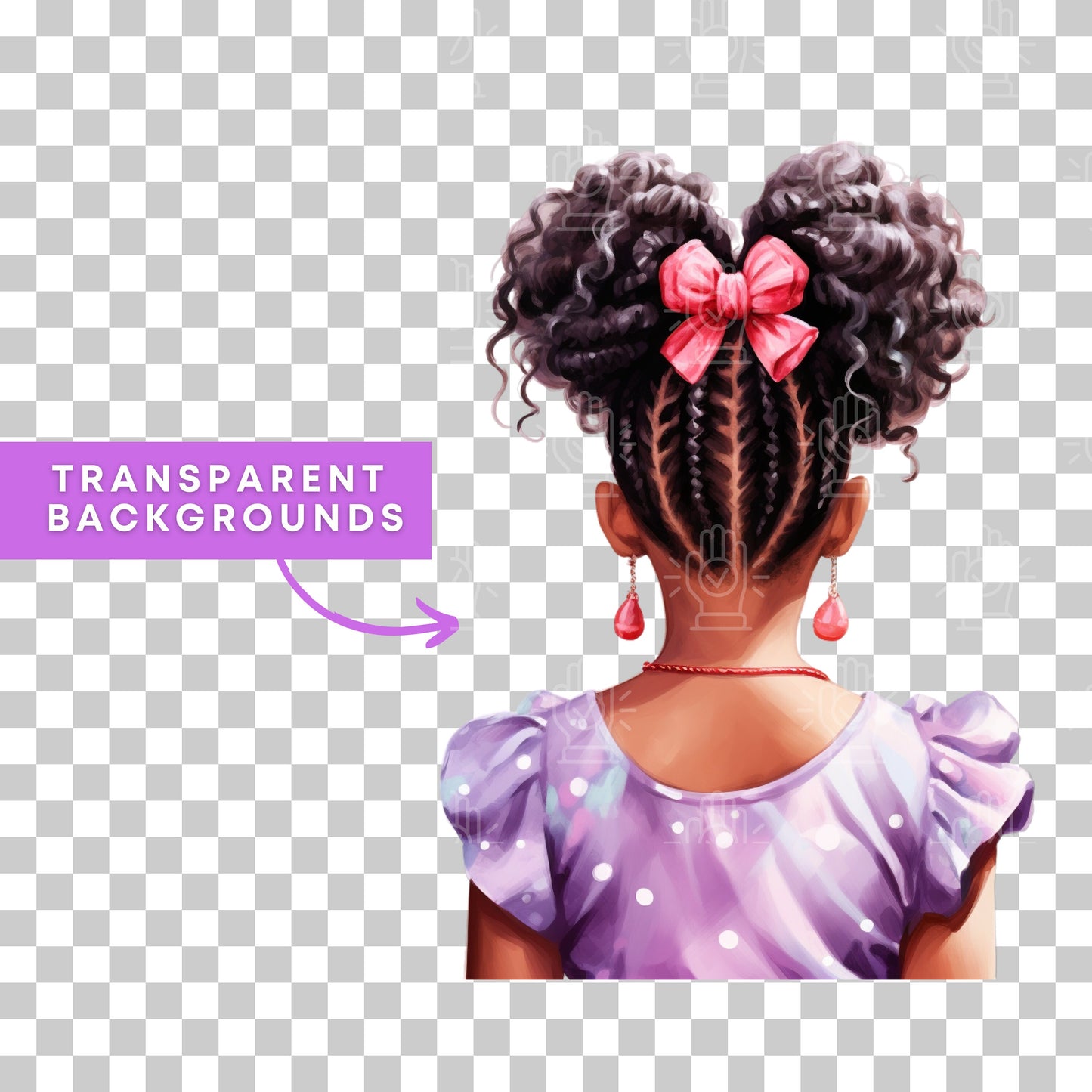 Back View of Black Girl Clipart, 12 PNG, Kids Hairstyle Watercolor, Commercial Use