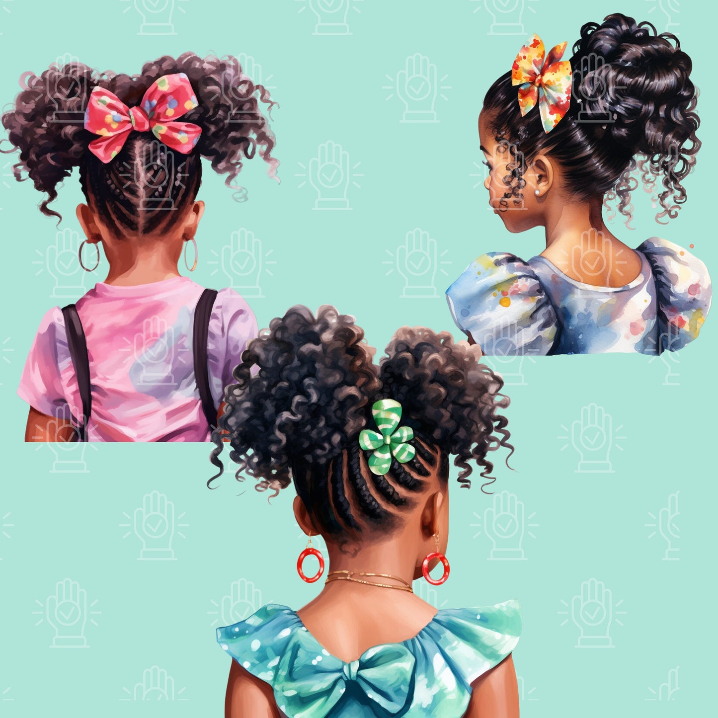 Back View of Black Girl Clipart, 12 PNG, Kids Hairstyle Watercolor, Commercial Use