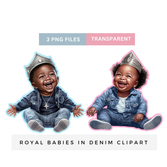 Denim Gender Reveal Clipart, 3 PNG, Prince and Princess Baby in Jeans, Denim and Diamonds Twins, Little Boy & Black Girl, Baby Shower Crown