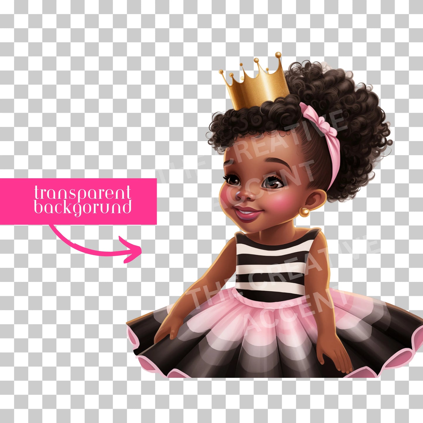 Little Black Girl Princess Clipart, Black and White Striped Dress 9 PNG, Pink Tutu