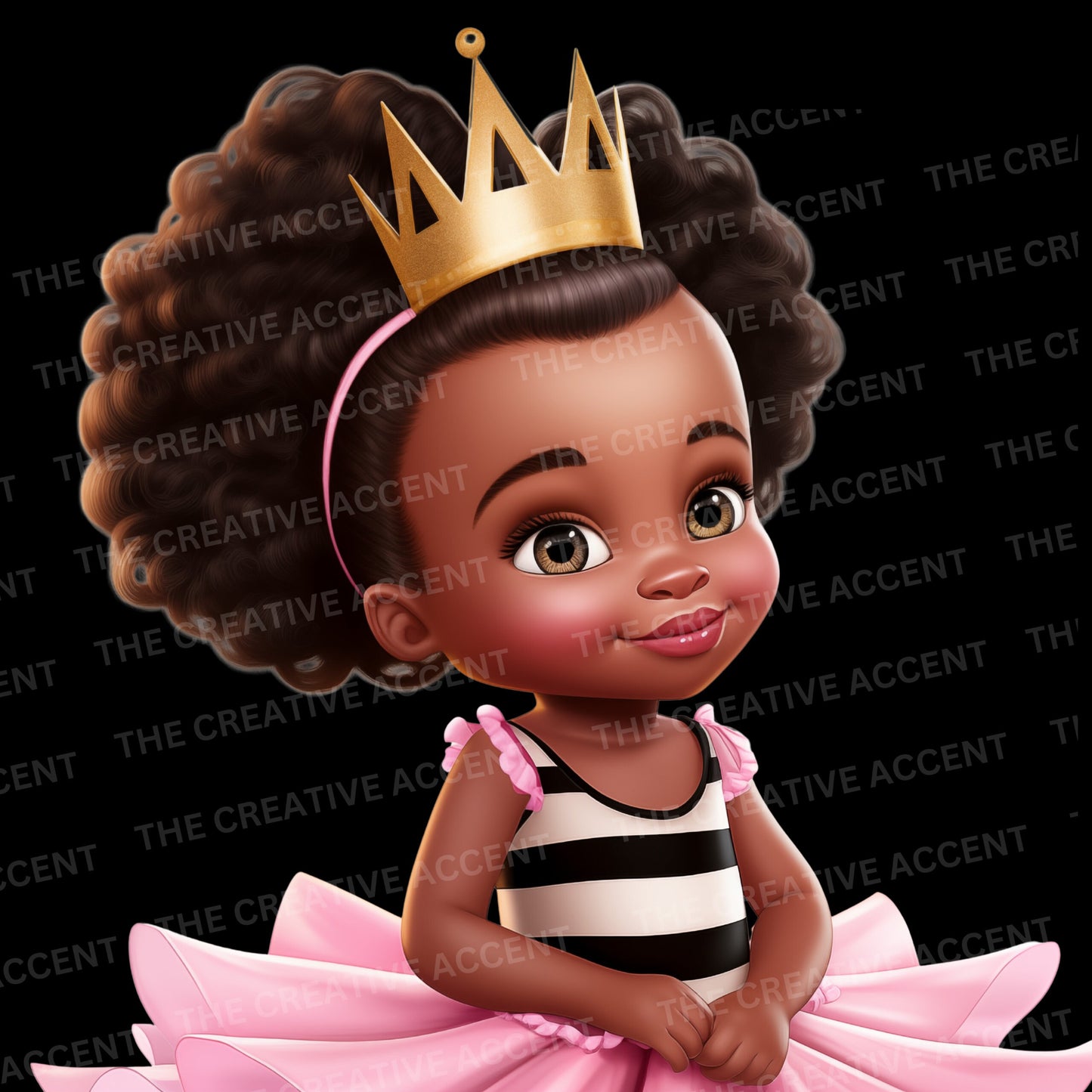 Little Black Girl Princess Clipart, Black and White Striped Dress 9 PNG, Pink Tutu