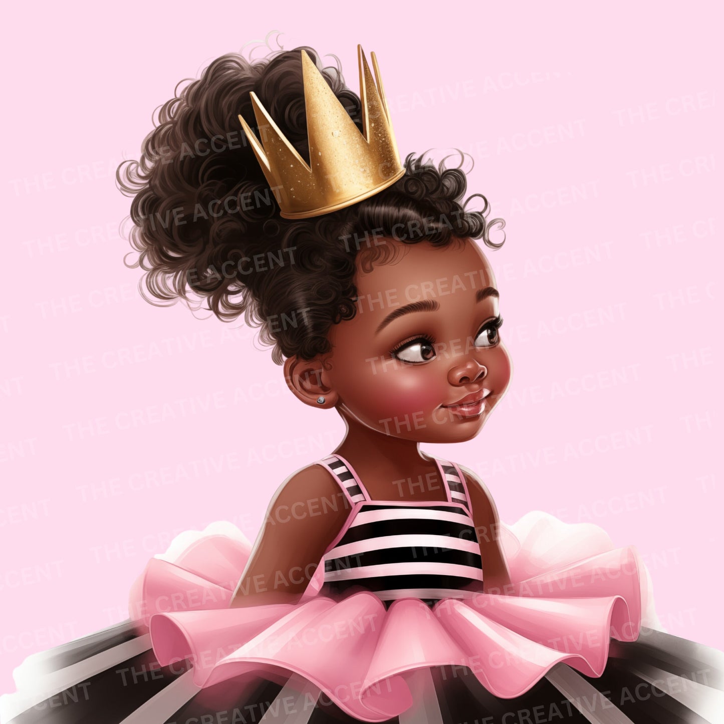 Little Black Girl Princess Clipart, Black and White Striped Dress 9 PNG, Pink Tutu