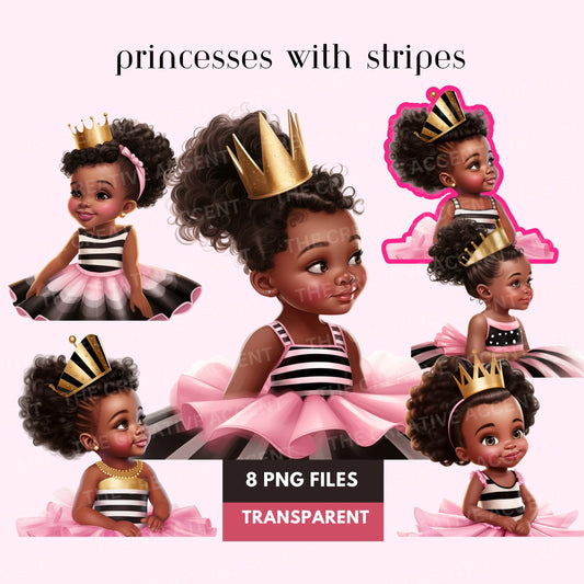 Little Black Girl Princess Clipart, Black and White Striped Dress 9 PNG, Pink Tutu