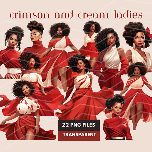 Crimson Red and Cream Sorority Women Clipart, 22 PNG, Black Soror Girl Bundle, Diva Legacy illustration, Homecoming HBCU 1913