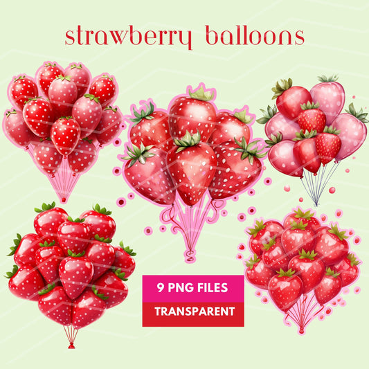 Strawberry Balloon Clipart, 9 PNG, Strawberry Shortcake Baby Shower, Birthday Theme Elements, Decor, Girl, Pink, Red, Watercolor Balloons