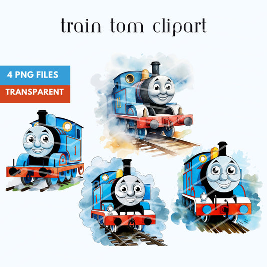 The Train Clipart, 4 PNG, Thomas, Tom the Train Inspired, Vehicle and Friends, Birthday, Watercolor Illustrations, Transportation Birthday
