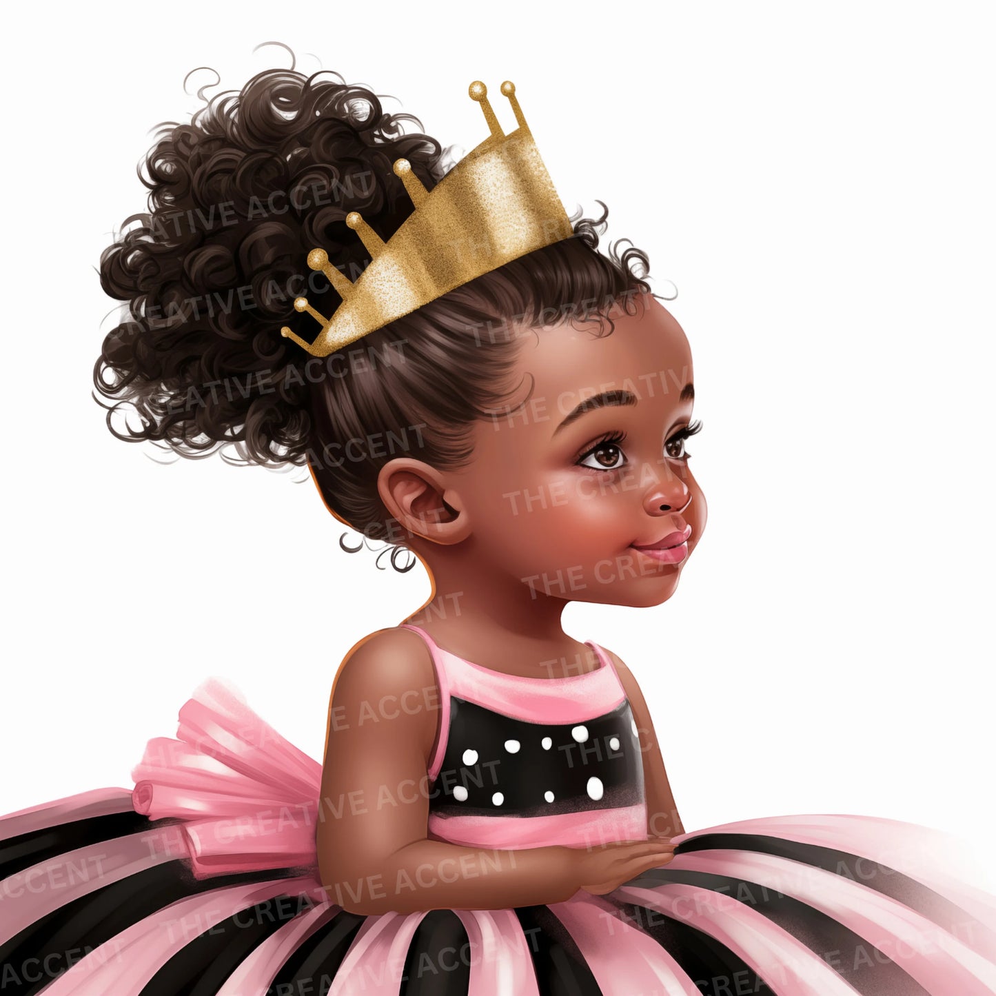 Little Black Girl Princess Clipart, Black and White Striped Dress 9 PNG, Pink Tutu