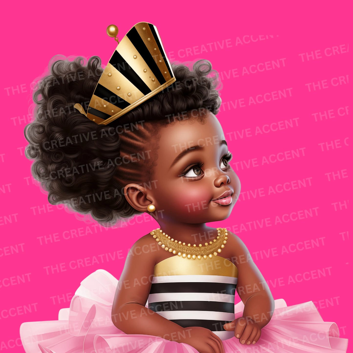 Little Black Girl Princess Clipart, Black and White Striped Dress 9 PNG, Pink Tutu