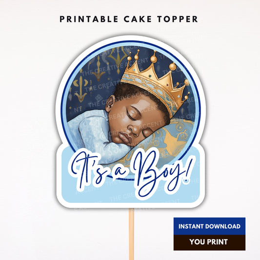 Printable Black Baby Shower Cake Topper, It's A Boy, Royal Prince Sleeping, King Theme, African American, Light Navy Blue, Gold Crown