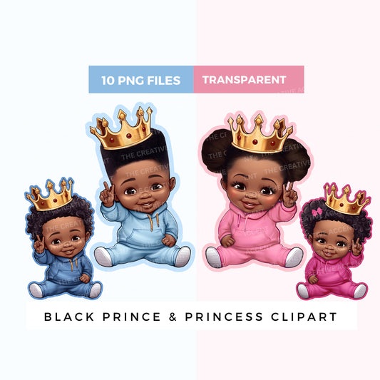 Black Baby Prince and Princess Clipart, 10 PNG Files Little Boy and Girl with Royal Gold Crown, Gender Reveal Pair, Shower Centerpiece