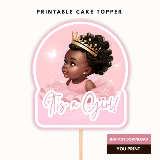 Printable Black Baby Girl Cake Topper, Pink Princess Shower, Silver, Gold Crown, African American, Download, Cut Out Decoration, PDF + PNG