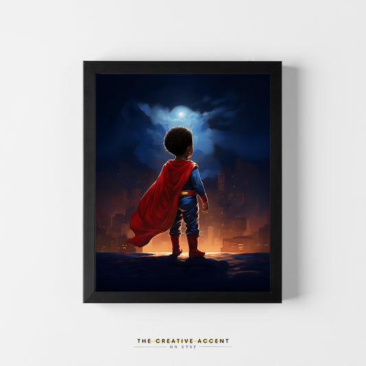 Black Boy Superhero Printable Wall Art, 8x10, 16x20, Night Dream, Kids decor, Poster, Kids Nursery Room, African-American Toddler Art
