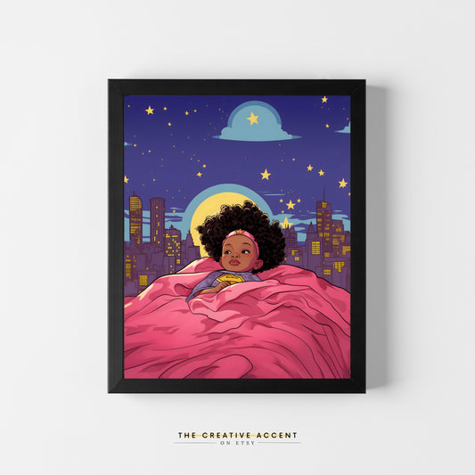 Girl Superhero Printable Wall Art, 8x10, 16x20, "Black Girl Hero Dreams", Pink Star Room Decor, Girls City Poster, Nursery
