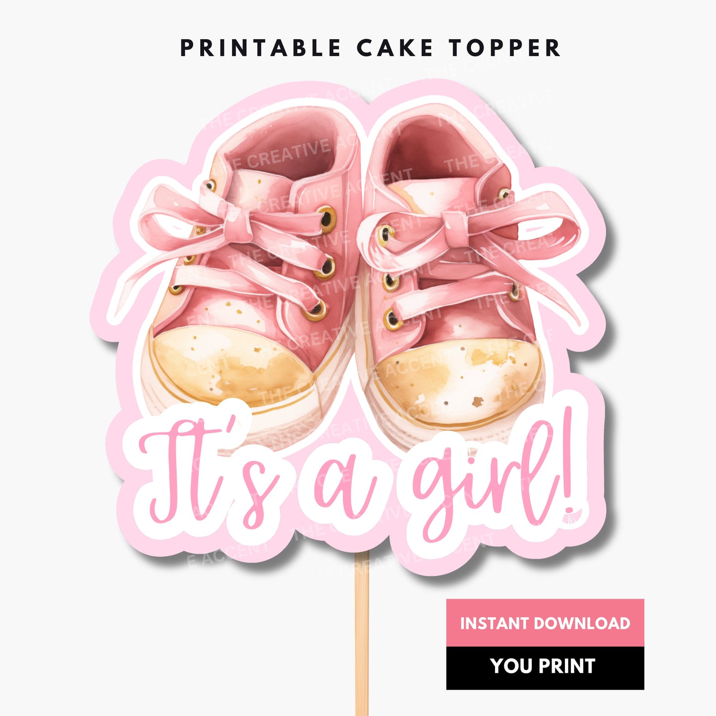 Printable Baby Shoes Cake Topper, PDF + PNG, Little Girl Sneakers, Pink and Gold Baby Shower, Download & Cut