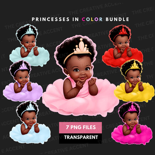 Black Baby Princess Clipart in Tutu Dress, Girl Baby Shower, Little Newborn with Tiara Crown, 7 PNG bundle, First Birthday, Gender Reveal