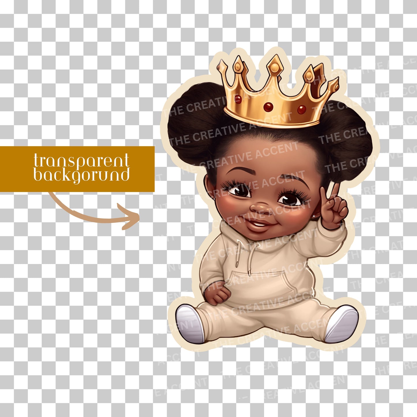 Black Baby Boy and Girl Clipart, 3 PNG, Neutral Theme Shower, Prince and Princess in Beige, Twins Birthday, Little Kids with Gold Crown