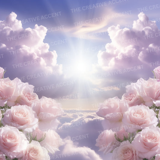 Heaven Background, PNG, Blue Pink Clouds, Religious Christian Digital Backdrop, Funeral Flyer, In Memory Of Memorial Service, Sun Flowers