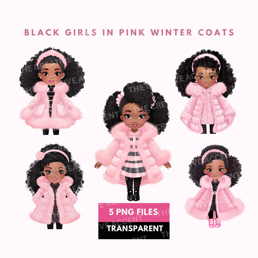Little Black Girl Doll in Winter Coat Clipart, 5 PNG