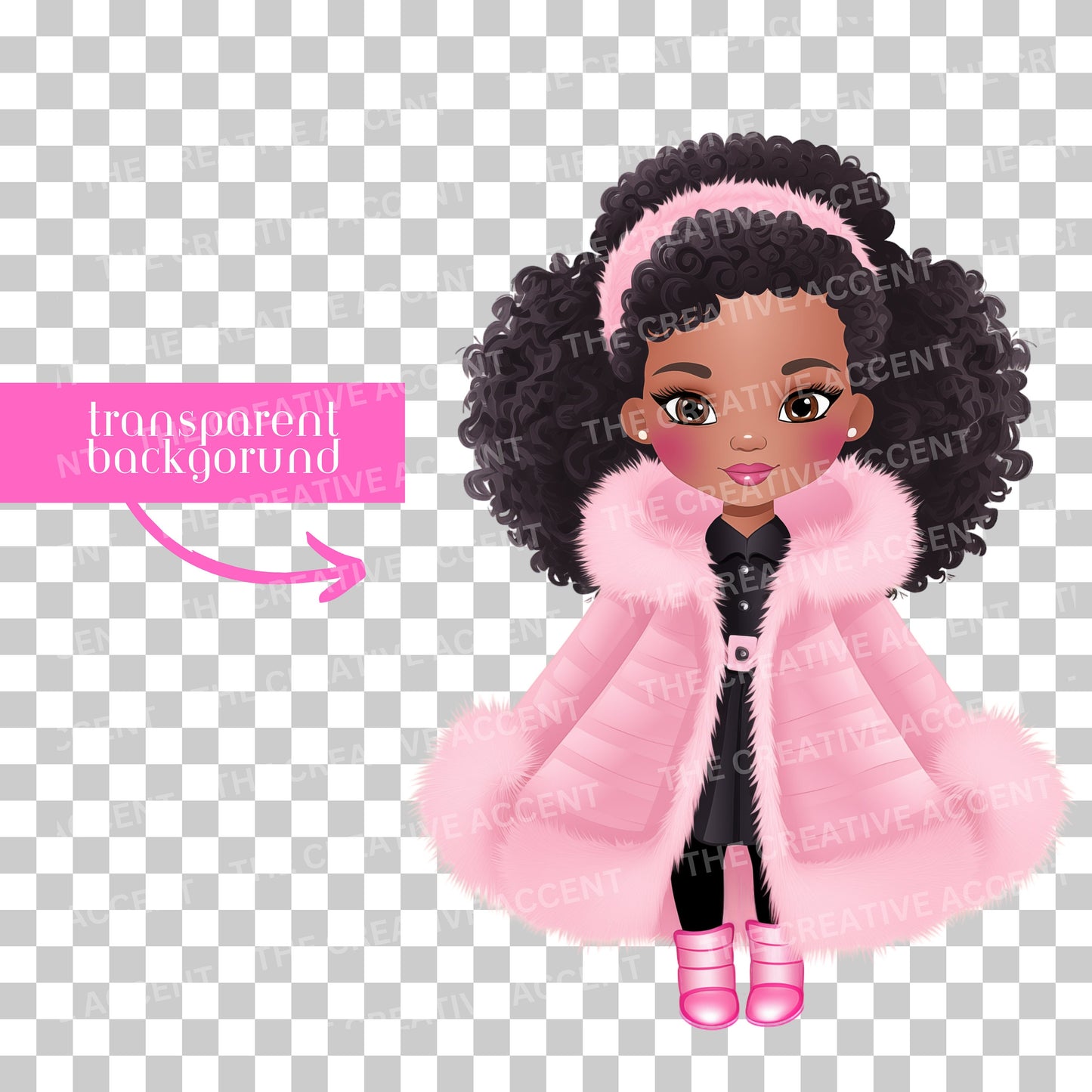 Little Black Girl Doll in Winter Coat Clipart, 5 PNG