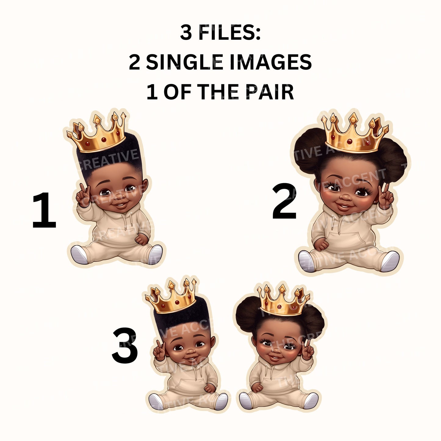 Black Baby Boy and Girl Clipart, 3 PNG, Neutral Theme Shower, Prince and Princess in Beige, Twins Birthday, Little Kids with Gold Crown