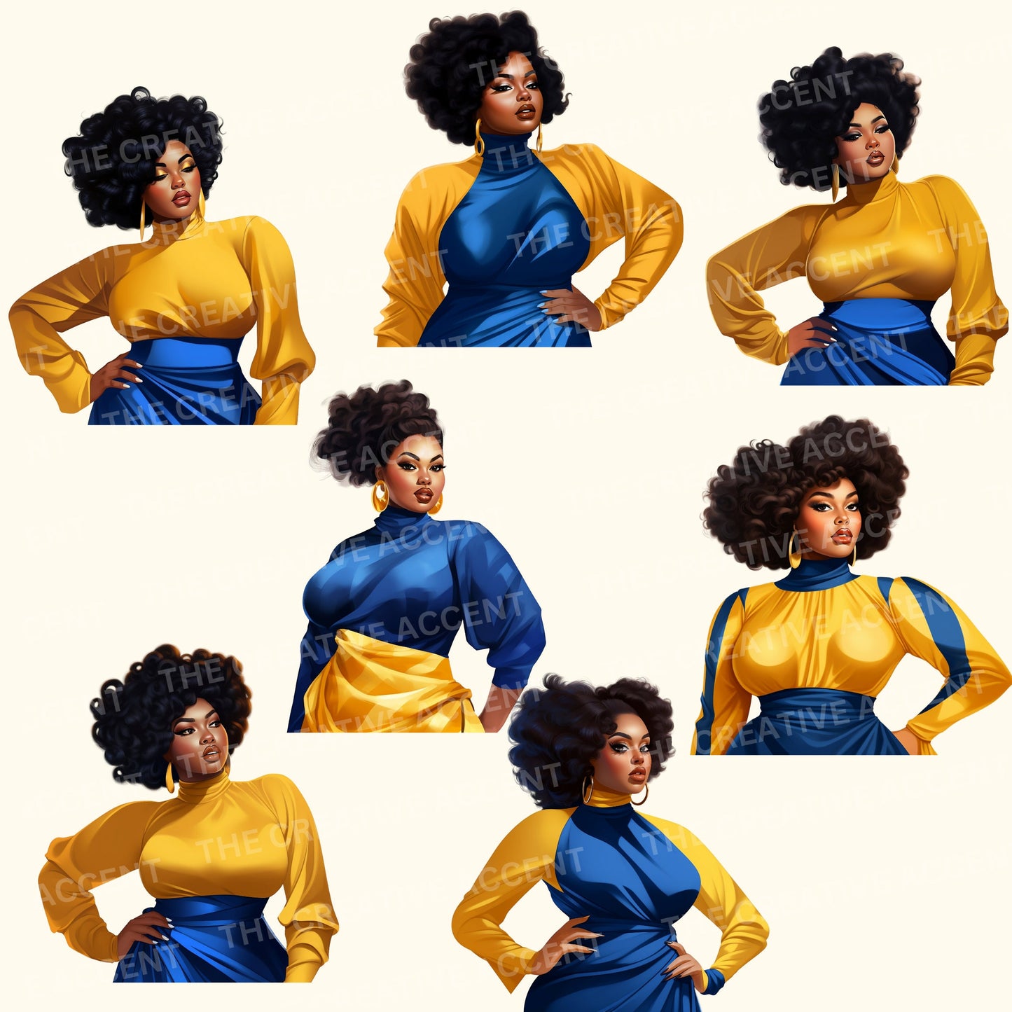 Royal Blue and Gold Sorority Women Clipart, 33 PNG, Black Women Soror Sisters Ladies Bundle, Poodle HBCU Cartoon, D9 Homecoming Member 1922