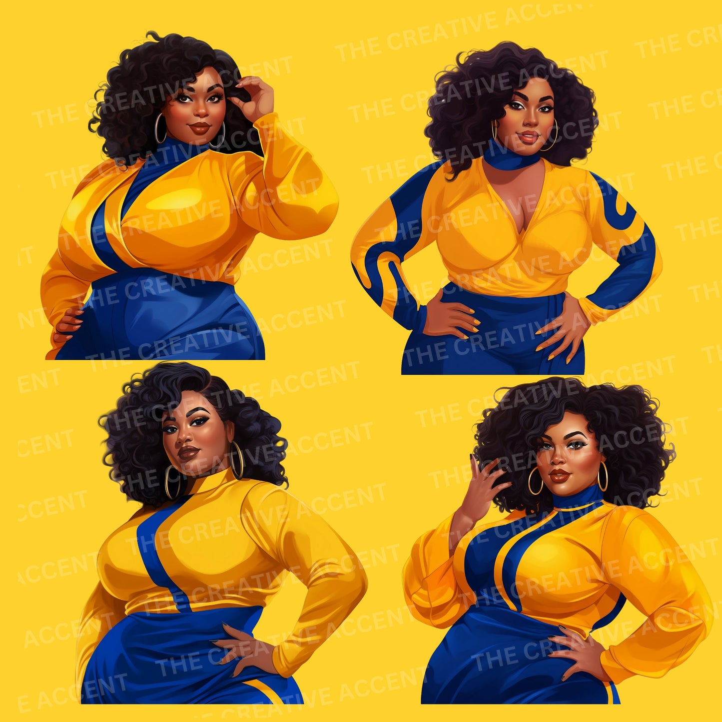 Royal Blue and Gold Sorority Women Clipart, 33 PNG, Black Women Soror Sisters Ladies Bundle, Poodle HBCU Cartoon, D9 Homecoming Member 1922