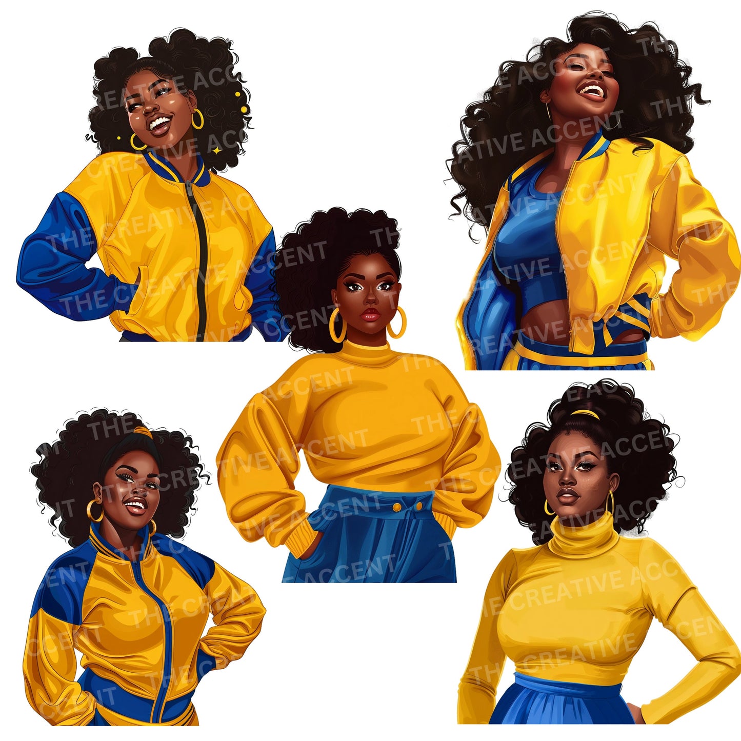 Royal Blue and Gold Sorority Women Clipart, 33 PNG, Black Women Soror Sisters Ladies Bundle, Poodle HBCU Cartoon, D9 Homecoming Member 1922