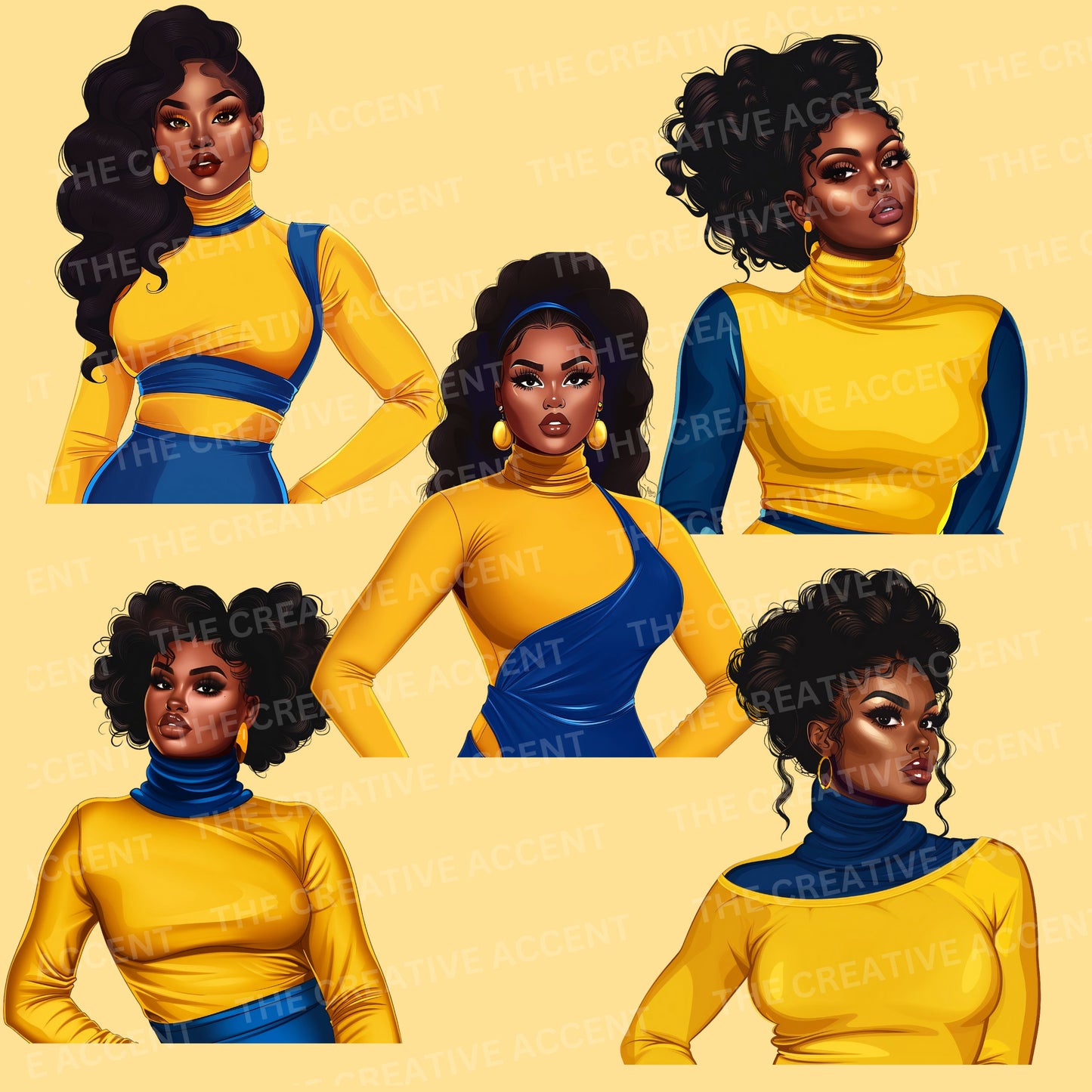 Royal Blue and Gold Sorority Women Clipart, 33 PNG, Black Women Soror Sisters Ladies Bundle, Poodle HBCU Cartoon, D9 Homecoming Member 1922