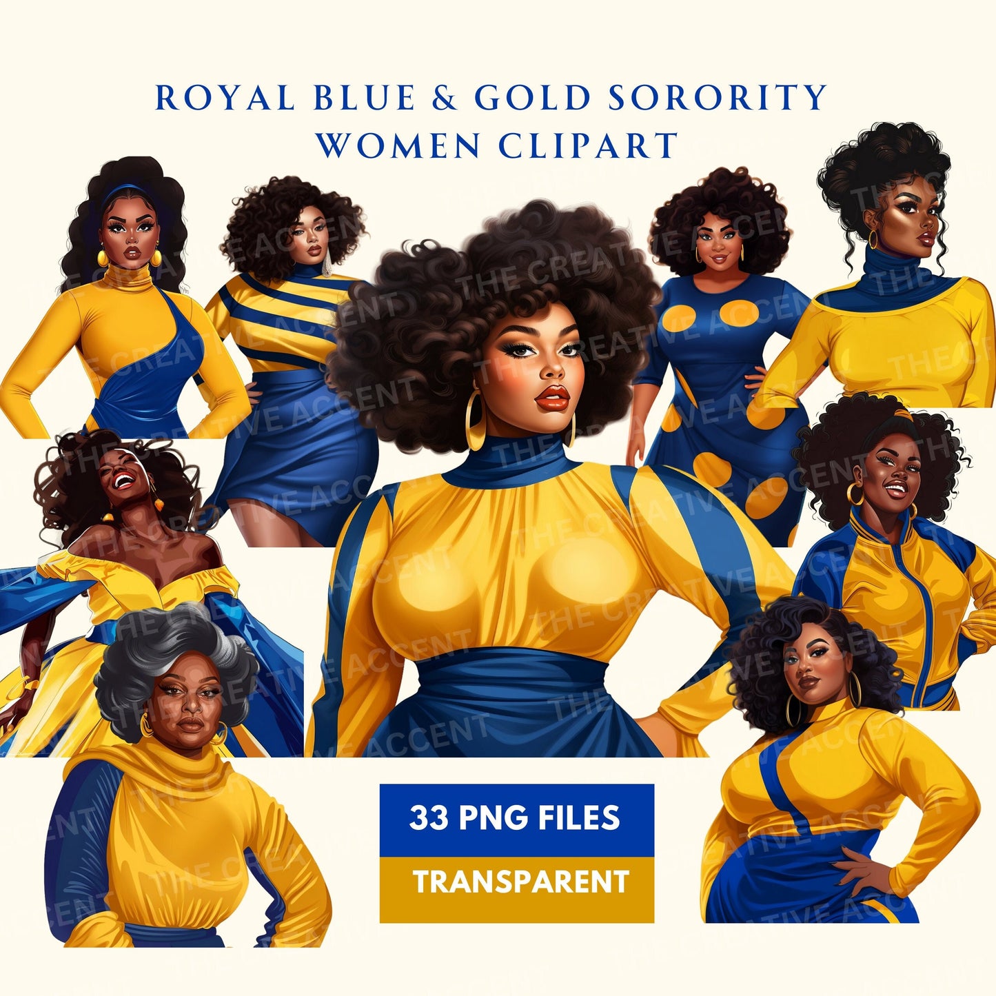 Royal Blue and Gold Sorority Women Clipart, 33 PNG, Black Women Soror Sisters Ladies Bundle, Poodle HBCU Cartoon, D9 Homecoming Member 1922