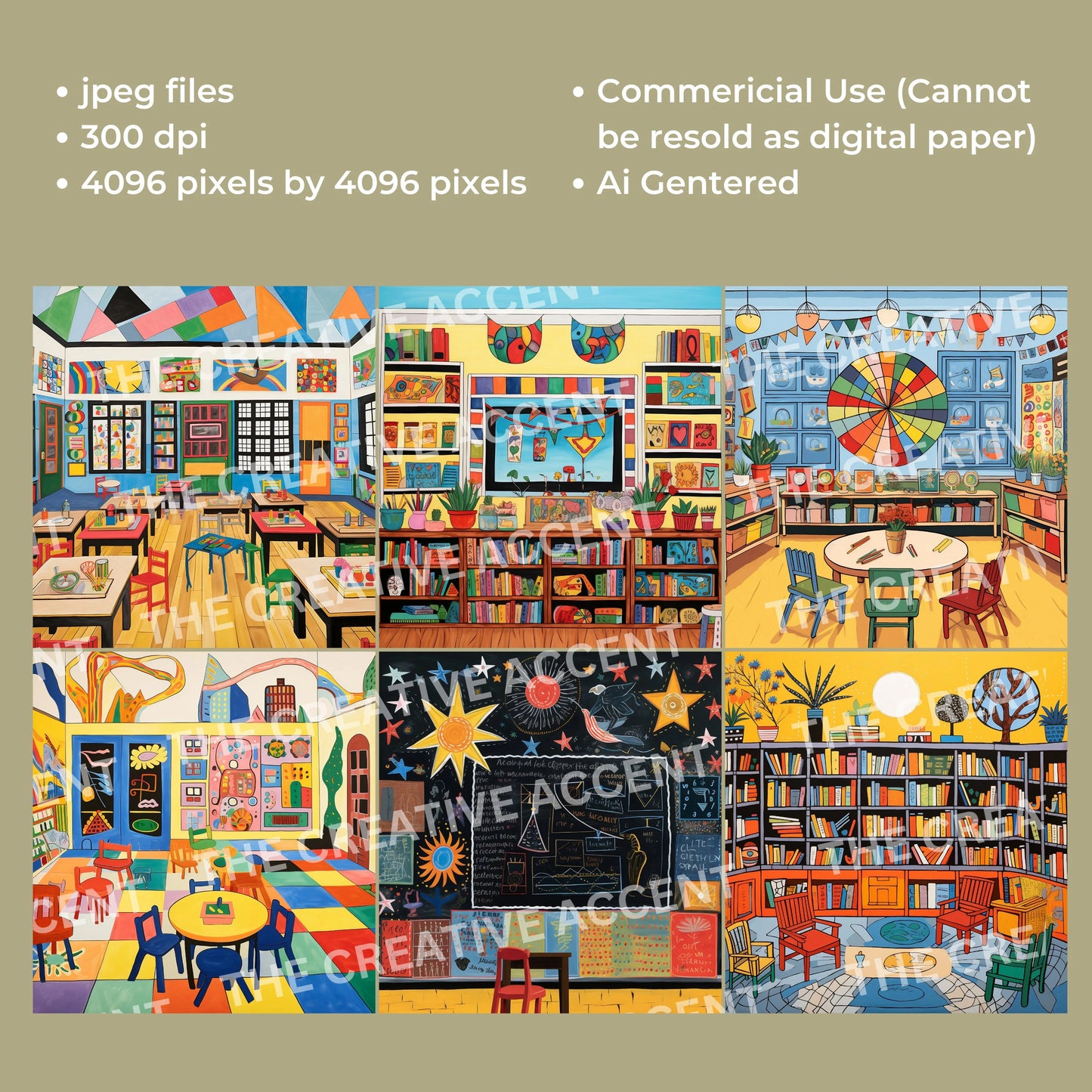 Kids Classroom Digital Paper, 17 JPEG, Back to School Ai Illustrations