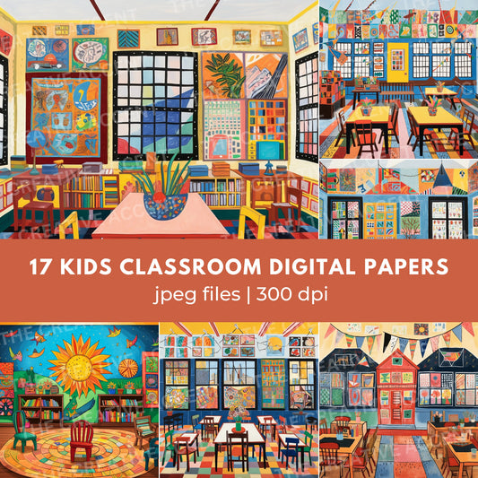 Kids Classroom Digital Paper, 17 JPEG, Back to School Ai Illustrations
