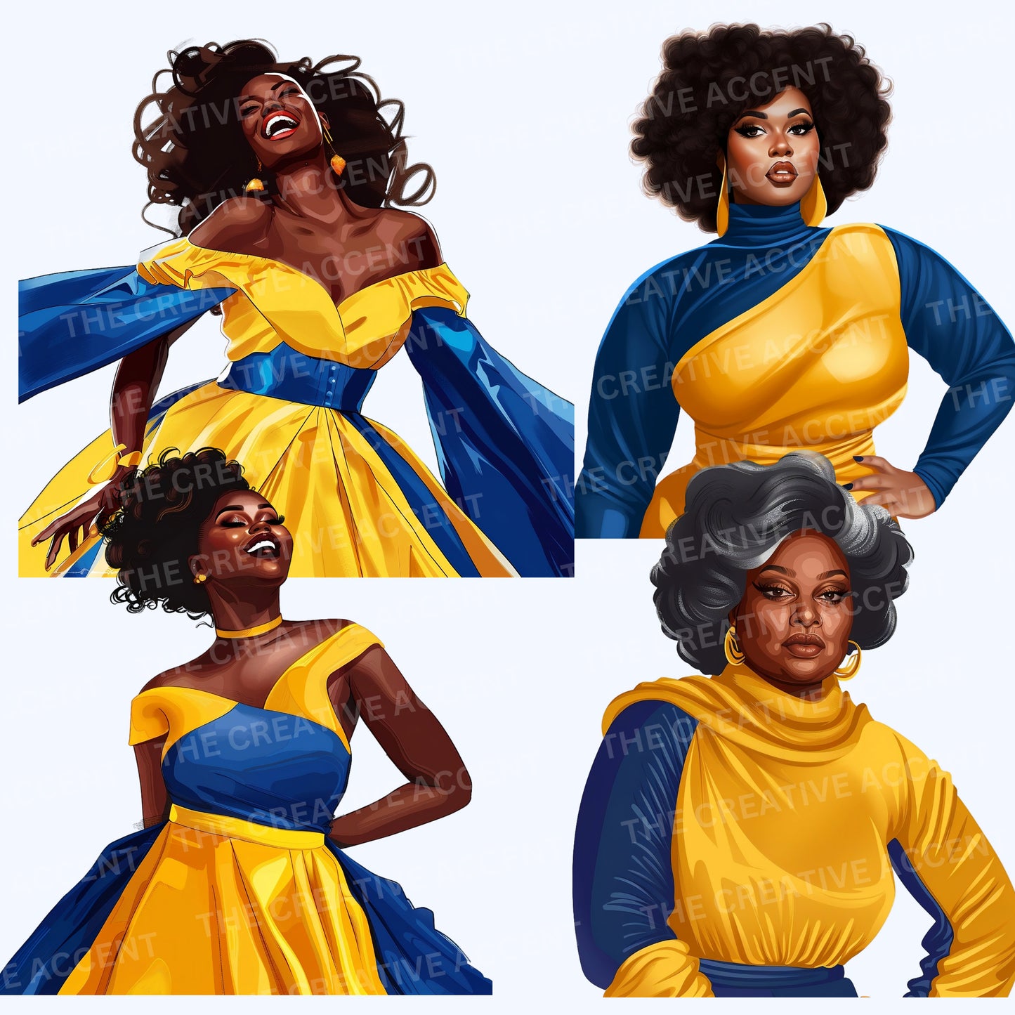 Royal Blue and Gold Sorority Women Clipart, 33 PNG, Black Women Soror Sisters Ladies Bundle, Poodle HBCU Cartoon, D9 Homecoming Member 1922