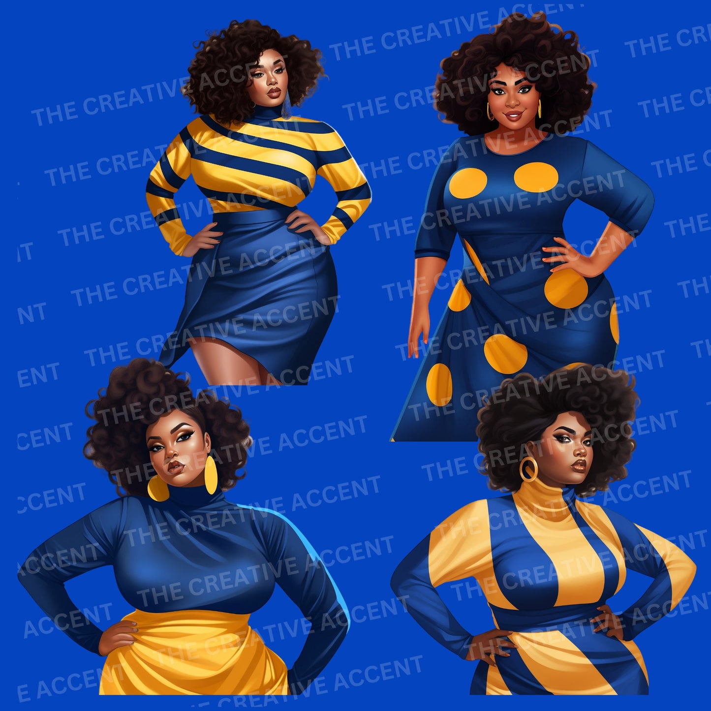 Royal Blue and Gold Sorority Women Clipart, 33 PNG, Black Women Soror Sisters Ladies Bundle, Poodle HBCU Cartoon, D9 Homecoming Member 1922
