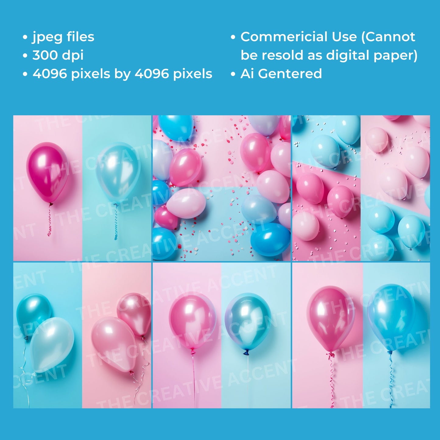 Gender Reveal Background Digital Paper, 8 JPEG, Half Blue and Pink Balloons Ai Art, Surprise Boy or Girl Invite Overlay