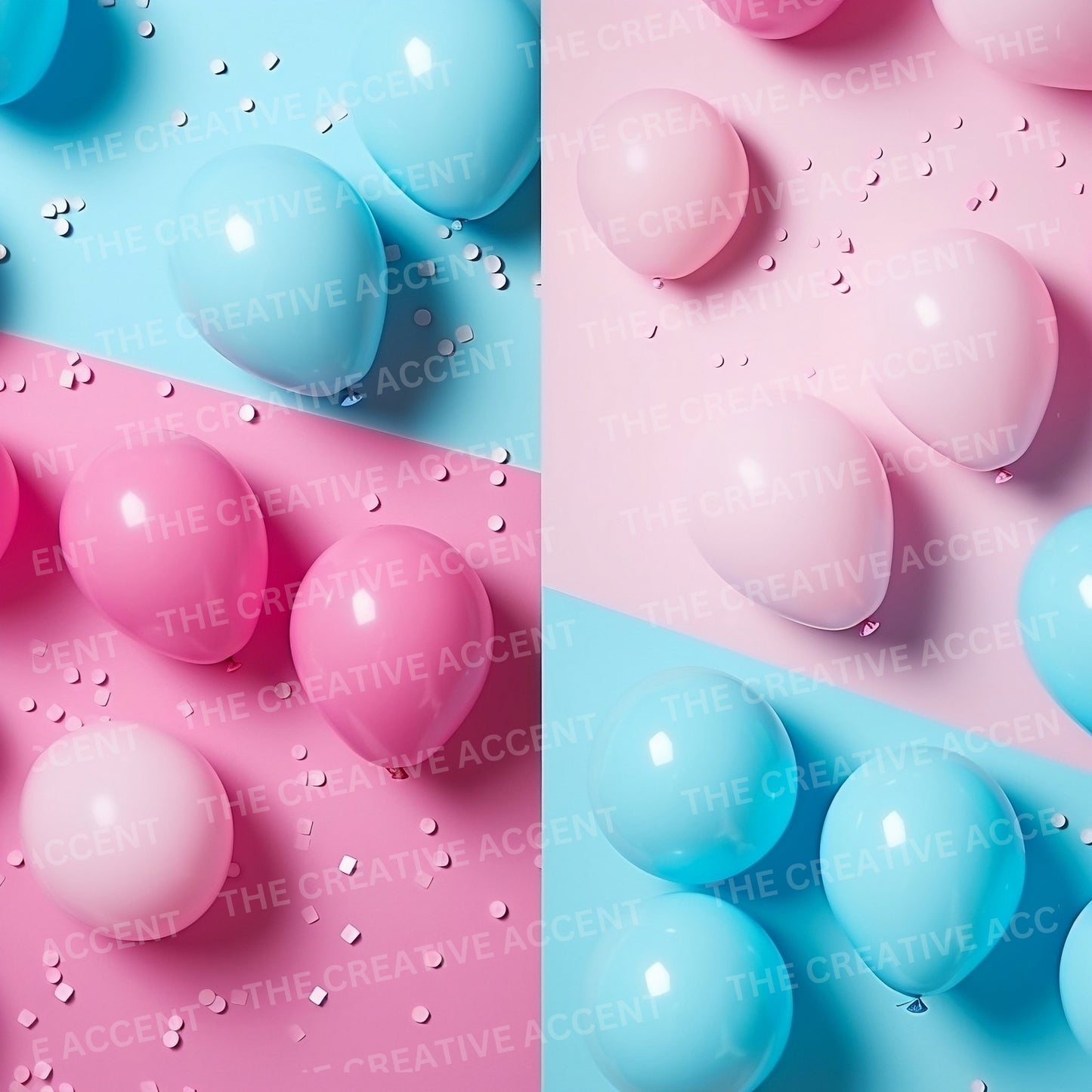Gender Reveal Background Digital Paper, 8 JPEG, Half Blue and Pink Balloons Ai Art, Surprise Boy or Girl Invite Overlay