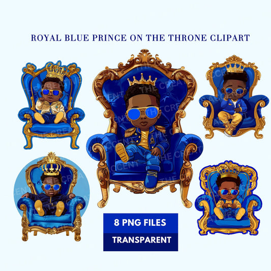 Cool Baby Boy Prince Clipart, 8 PNG, Black Kid King, Royal Blue Shower, Sitting on French Royal Throne, African-American with Sunglasses