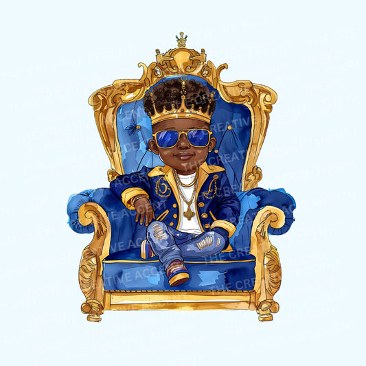 Black Boy Prince on Royal Throne Clipart, 1 PNG, Funny Baby Shower and Toddler Watercolor Illustration